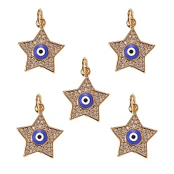 Real 18K Gold Plated 5Pcs Brass Micro Pave Cubic Zirconia Pendants, with Enamel, Long-Lasting Plated, Star with Evil Eye, Real 18K Gold Plated, 16x14x2.5mm, Hole: 3mm