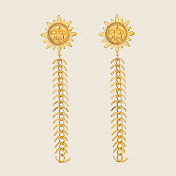 Настоящее золото 18K Солнце 304 Серьги-гвоздики из нержавеющей стали с кисточками, реальный 18 k позолоченный, 105x25.8 мм