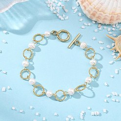 Настоящее золото 18K Браслет для женщин из натуральных культивированных пресноводных жемчужин и латунных соединительных колец., круглые, с 304 из нержавеющей стали тумблеров застежками, реальный 18 k позолоченный, 7.64 дюйм (19.4 см)