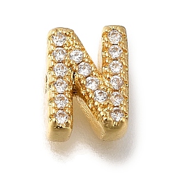 Letter N Покрытие стойки латунь микропаве прозрачные кубические циркониевые бусины, долговечный, без кадмия и без свинца, реальный 18 k позолоченный, Письмо N, 8x6x3 мм, отверстие : 0.8 мм