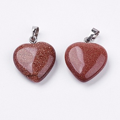 Goldstone Synthetic Goldstone Pendants, Heart, with Brass Findings, Platinum, 22~23x20~20.5x6~7.5mm, Hole: 5x8mm