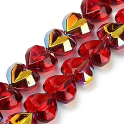 Красный Гальванизируйте прозрачное стекло бисер нитей, сердце, граненые, с покрытием AB цвета, с половиным покрытием, красные, 15x13x8.5 мм, отверстие : 1 мм, около 50 шт / нитка, 23.62 дюйм (60 см)