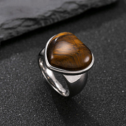 Сердце 304 мужские перстни из нержавеющей стали с натуральным тигровым глазом, цвет нержавеющей стали, сердце, размер США 11 (20.6 мм)