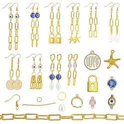 Golden DIY Dangle Earring Making Kits, Iron Paperclip Chains, 12Pcs Evil Eye & Geometry Glass & Brass Links, 6Pcs Starfish & Flat Round Alloy Pendants, Glass Pearl and Brass Findings, Golden, 9x17x7mm, Hole: 1mm, 4pcs