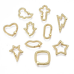 Real 16K Gold Plated Brass Spring Gate Rings, Nickel Free, Star & Lightning & Palm & Heart & Oval & Lip & Rectangle & Cloud, Real 16K Gold Plated, 9~24x10~20x2~3mm