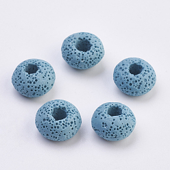 Светло-Голубой Европейские бусины из натуральной лавы, окрашенные, бусины с большим отверстием, плоско-круглые, Небесно-голубой, 15~16x8.5~9 мм, отверстие : 4~5 мм