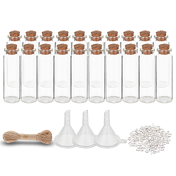 Прозрачный Наборы для украшения подвески своими руками, со стеклянными бутылками желаний, пробка, джутовый шпагат, железные винты с проушинами, штифты и пластиковая воронка, прозрачные, 22x75 мм, отверстие : 12.5 мм, 20 шт