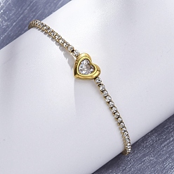 Золотой 304 браслеты-цепочки из нержавеющей стали с кубическим цирконием для женщин, сердце, вакуумное покрытие pvd, золотые, 7.48 дюйм (19 см)