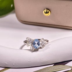 Светло-Голубой 925 открытые кольца-манжеты из стерлингового серебра с микропаве из кубических цирконий и кварца, цветок, серебряные, Небесно-голубой, 15~20 мм