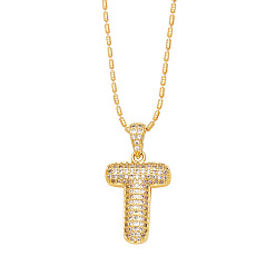 Letter T Brass Micro Pave Cubic Zirconia Pendant Necklaces, Golden, Letter T, 16.54 inch(42cm), Pendant: 24~30x13~22mm