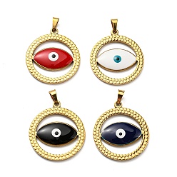 Mixed Color Ion Plating(IP) 304 Stainless Steel Pendants, with Enamel, Flat Round with Evil Eye Charm, Golden, Mixed Color, 28.5x25.5x3mm, Hole: 5x3.5mm