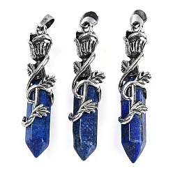 Ляпис-Лазурь Окрашенный натуральный лазурит ограненный двойной конечный заостренный большой кулон, Подвески в виде шестиугольной призмы с розой в оболочке из сплава, античное серебро, 51~53x14x10.5 мм, отверстие : 4.5 мм