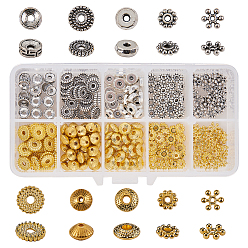 Antique Silver & Golden Tibetan Style Alloy Spacer Beads, Mixed Shapes, with Bead Container, Antique Silver & Golden, 13x5x1.5cm, about 360pcs/box