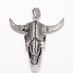 Античное Серебро 304 из нержавеющей стали большие кулоны, головы быка, античное серебро, 60.5x60x15 мм, отверстие : 12x8 мм