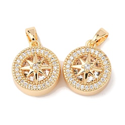 Настоящее золото 18K Латунные микро проложить кубического циркония подвески, плоский круглый со звездными подвесками, стойки покрытие, долговечный, реальный 18 k позолоченный, 14.5x12.5x7 мм, отверстие : 5x3 мм