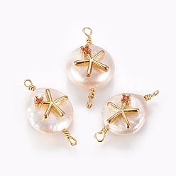 FireBrick Natural Pearl Links connectors, with Cubic Zirconia and Brass Findings, Flat Round with Star, FireBrick, 19~23x10~12x6~9mm, Hole: 1.6mm
