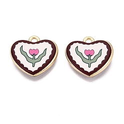 Hot Pink Valentine's Day Printed Alloy Pendants, Rack Plating, Heart & Flower Charms, Cadmium Free & Nickel Free & Lead Free, Golden, Hot Pink, 17x17.5x3mm, Hole: 1.6mm