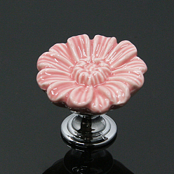 Pink Ceramic Drawer Knob, with Alloy Findings and Screws, Cabinet Pulls Handles for Drawer, Doorknob Accessories, Flower, Pink, 33x28mm