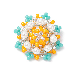 Gold Seed Beads Beaded Charms, Flower Pendants, with Shell Pearl Beads, Gold, 21x21x8.5mm, Hole: 0.8mm