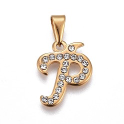 Letter P 304 Stainless Steel Pendants, with Rhinestone, Letter, Letter.P, 20.5x16x2mm, Hole: 3~3.5x7.5~8mm