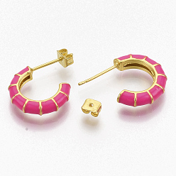 Темно-Розовый Латунь серьги, серьги-кольца, с эмалью и спинкой для серег, реальный 18 k позолоченный, бамбуковая форма, темно-розовыми, 21x16.5x3.5 мм, штифты : 0.7 мм