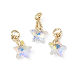 Прозрачный АВ Цвет AB покрытием стеклянные подвески, звезда очарование, 304 из нержавеющей стали открыты кольца прыжок, реальный 18 k позолоченный, граненые, ясно AB, 15.5x10x5 мм, отверстие : 3.5 мм