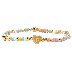 Letter F Summer Stainless Steel Heart Alphabet Colorful Glass Seed Beaded Stretch Bracelets for Women, Golden, Letter F, 6.89 inch(17.5cm)