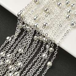 Серебро 3m латунные сателлитные цепи, плоские овальные цепочки с круглыми бусинами, несварные, с карточной бумагой, серебряные, 2.2x1.7x0.23 мм, бусина : 3.5 mm