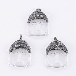 White Glass Big Pendants, with Polymer Clay Rhinestone & Brass Findings, Buddha, Gunmetal, White, 51x39x15mm, Hole: 5x8mm