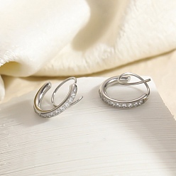 Stainless Steel Color 304 Stainless Steel Rhinestone Stud Earrings, Half Hoop Earrings, Stainless Steel Color, 16x2.5mm