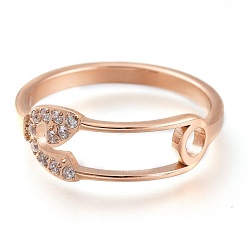 Розовое Золото 304 палец кольца из нержавеющей стали, с четким кубического циркония, широкая полоса кольца, Форма предохранительного штифта, розовое золото , размер США 6~9, внутренний диаметр: 16~19 мм