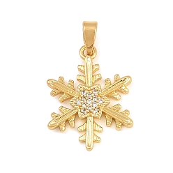 Golden Brass Micro Pave Clear Cubic Zirconia Pendants, Christmas Snowflake Charms, Golden, 19.5x15x2mm, Hole: 5x2mm
