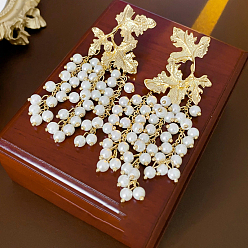 Золотой Серьги-гвоздики из пластикового сплава с жемчужными бусинами в форме листа, золотые, 93x35 мм