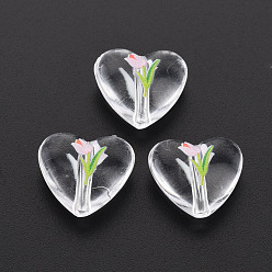 Yellow Green Transparent Printed Acrylic Beads, Heart with Flower, Yellow Green, 13.5x15x6.5mm, Hole: 1.8mm