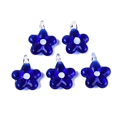 Medium Blue Handmade Lampwork Pendants, Plum Blossom Charms, Medium Blue, 28~31x20~24x8~11mm, Hole: 1.8~4mm