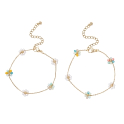 Разноцветный Браслеты из искусственного жемчуга из стекла и АБС-пластика, 304 браслеты из нержавеющей стали с цепочками для женщин, цветок, красочный, 7-3/8 дюйм (18.6 см)