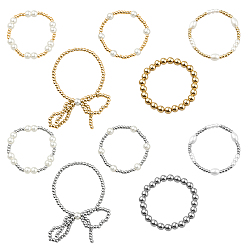 Платиновый & Золотой 2 сумки 2 цветные круглые акриловые бусины эластичные браслеты для женщин, с пластиковой жемчужины, платиной и золотом, внутренний диаметр: 2~2-1/8 дюйм (5~5.3 см), 5 шт / пакет, 1 сумка / цвет, 5 шт / пакет