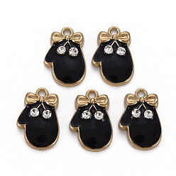 Black Alloy Enamel Pendants, with Crystal Rhinestone, Light Gold, Cadmium Free & Nickel Free & Lead Free, Gloves, Black, 17x11x3mm, Hole: 1.6mm