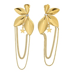 Золотой Цветочное ионное покрытие (ip) 304 серьги-гвоздики из нержавеющей стали, женские серьги-кисточки со стразами, полирование, золотые, 73x22 мм