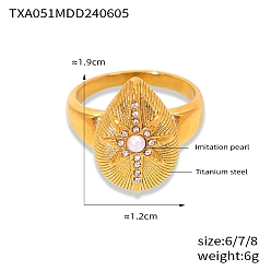 Золотой Кольца из нержавеющей стали, с имитацией жемчуга, для женщин, слеза, золотые, размер США 7 (17.3 мм)