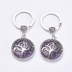 Mixed Stone Flat Round with Tree of Life Gemstone Keychain, with Brass Finding, for Handmade DIY Charm Pendant Necklace, 64mm