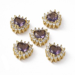 Фиолетовый Стойки обшивки латунь микро проложить кубического циркония бусы, со стеклом, реальный 18 k позолоченный, долговечный, без кадмия, без никеля и без свинца, сердце, фиолетовые, 10.5x10.5x6 мм, отверстие : 1.2~3.5x1.2~1.4 мм
