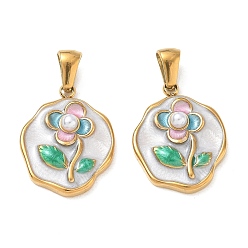 Oro 304 colgantes de esmalte de acero inoxidable, pepitas con amuletos florales, con perlas de imitación abs, revestimiento de iones (ip), larga duración plateado, dorado, dorado, 21x16x5 mm, agujero: 2.5x6 mm