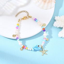 Colorful Ocean 304 Stainless Steel Starfish Shell Shape Charm Bracelets, Handmade Porcelain Fish and Dyed Natural Shell Beaded Bracelets for Women, Golden, Colorful, 7.56 inch(19.2cm)