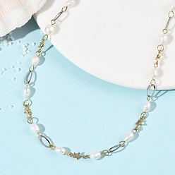 Oro & Acero Inoxidable Color Collares de cadena de perlas de arroz cultivadas de agua dulce naturales, 304 joyas de acero inoxidable para mujer, blanco, acero color oro y acero, 17.52 pulgada (44.5 cm)