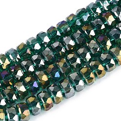Зеленый Гальванизируйте прозрачное стекло бисер нитей, рондель, граненые, зелёные, 7.5~8x4.5~5.5 мм, отверстие : 1.2~1.4 мм, около 34~37 шт / нитка, 7.09~7.28 дюйм (18~18.5 см)