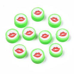Spring Green Handmade Polymer Clay Beads, Flat Round with Mouth, Spring Green, 9.5~10x4~4.5mm, Hole: 1.6mm