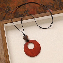 Ring Деревянная подвеска, черный вощеный шнур, длинные цепочки для женщин, кольцо, 31.50 дюйм (80 см), Кулон : 85x60 мм