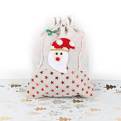 Linen Christmas Jute Printed Drawstring Bags, Rectangle Candy Storage Supplies, Linen, 40x30cm