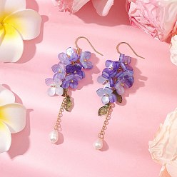 Сланцево-синий Оболочки жемчужные болтаться серьги, с колпачками из ацетата целлюлозы (смолы) и латунными крючками для сережек, цветок, золотые, синевато-серый, 72~72.5 мм